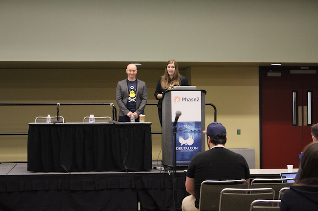Caitlin Loos and Chris Bloom give their Drupal for Tech Education presentation at DrupalCon