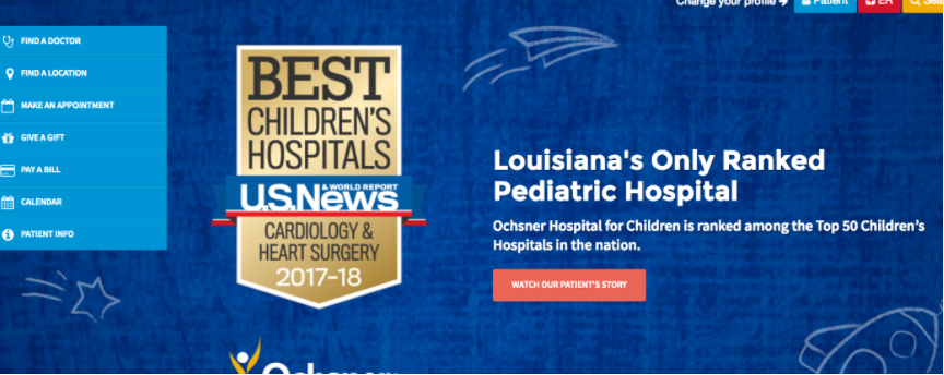 screenshot of a patient landing page on a healthcare system's website. One way this page improves the digital patient experience by displaying awards for their children's health center, which garners trust.