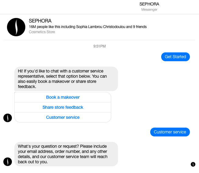 Image of a customer conversation with Sephora's chatbot. 