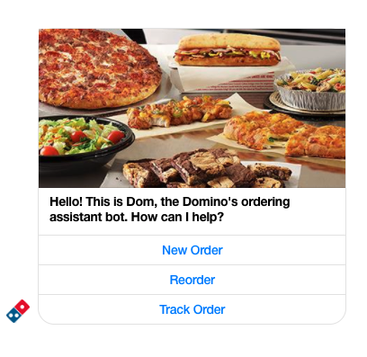 Image of domino's 'order pizza' feature in a chatbot conversation.