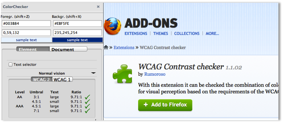 Screenshot of the Firefox WCAG Contrast Checker, displaying Contrast Check Calculator with AA / AAA passing with green checkmarks.