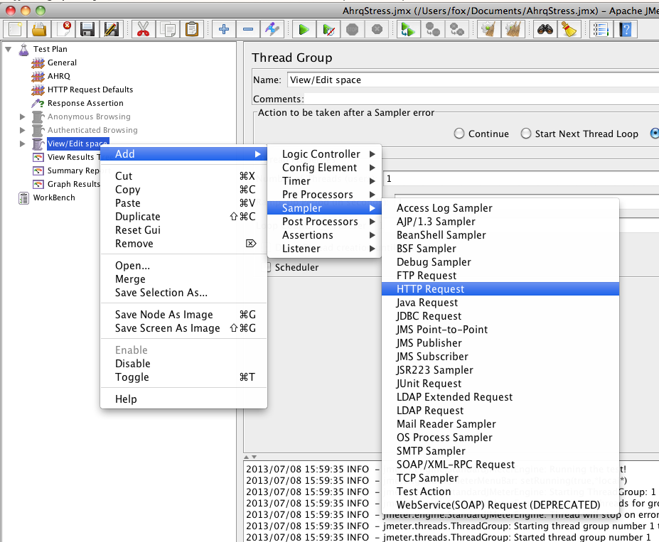 screenshot of "add sampler" in Jmeter